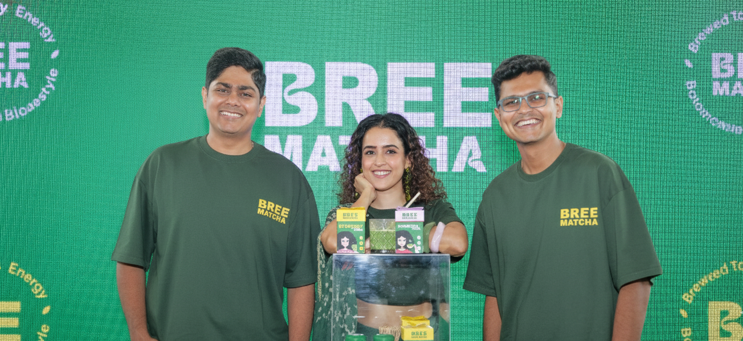 Sanya Malhotra and co-founders of Bree Matcha brand launch photo