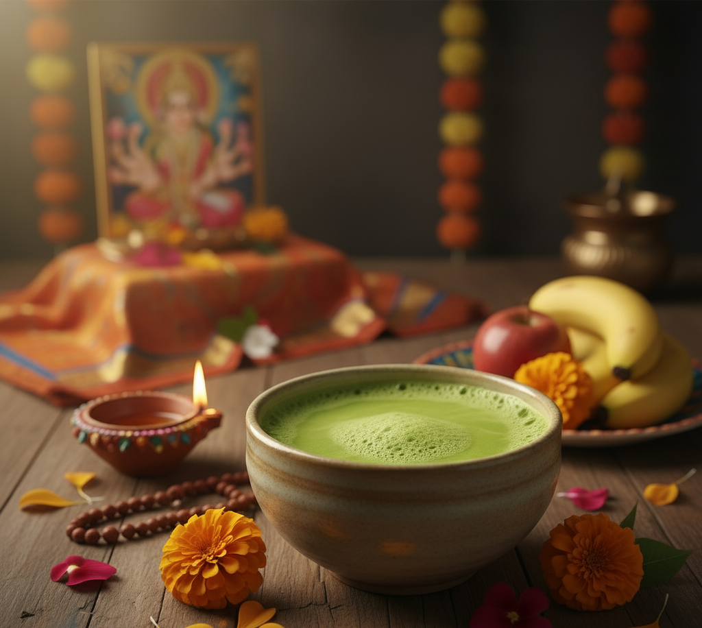 Cup of vibrant green matcha tea with festive Navratri background, symbolizing energy, antioxidants, and fasting-friendly drink