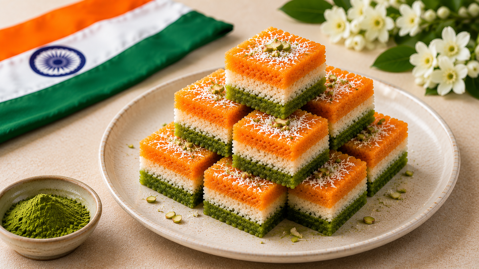 Patriotic Matcha Coconut Barfi