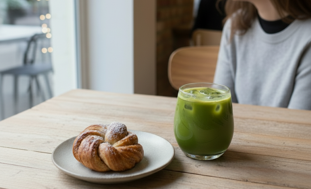 A woman sitting at a table, enjoying a cup of ceremonial grade matcha, highlighting the growing trend of high-quality matcha in cafes