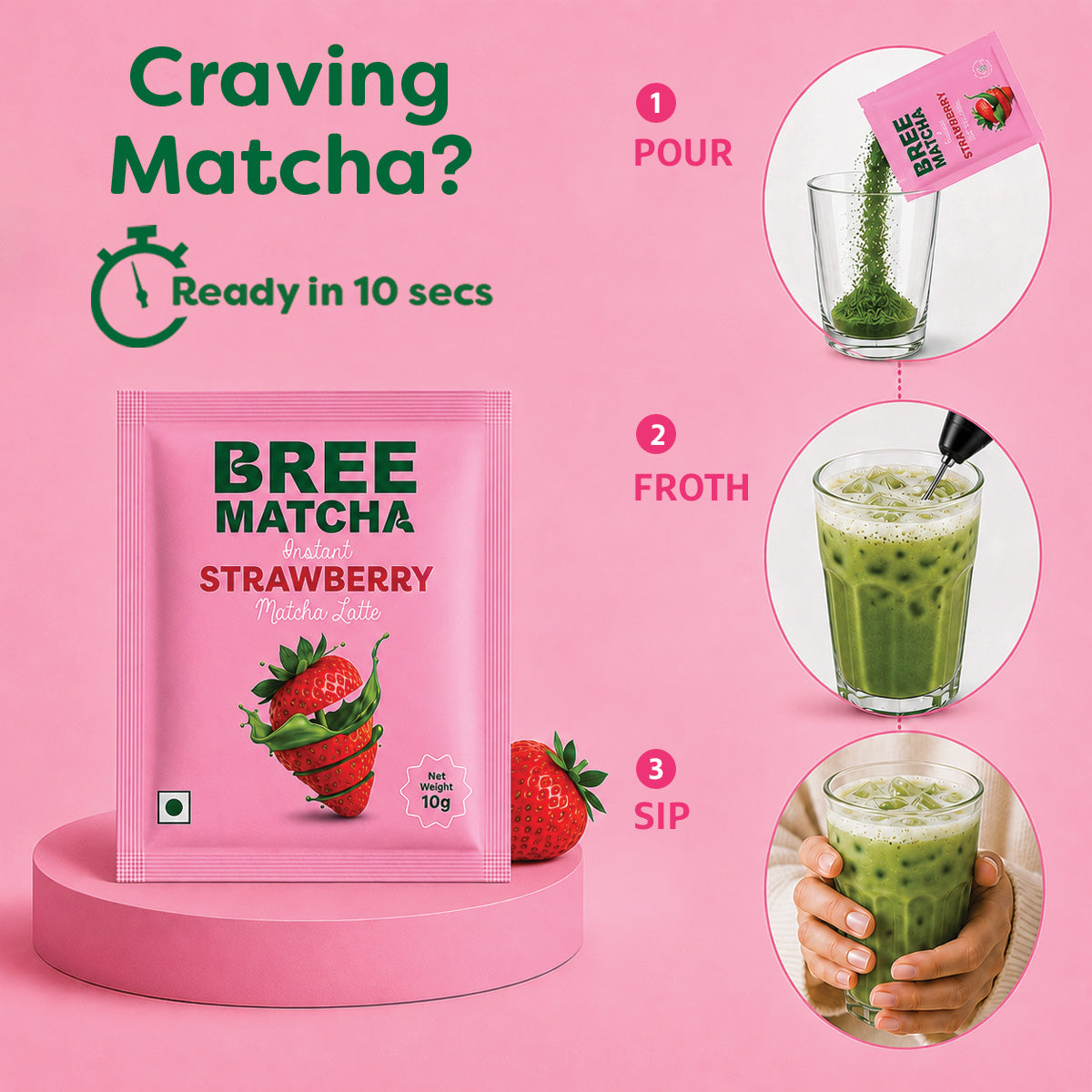 Strawberry Matcha Latte | Instant Mix | 10g - Pack of 3